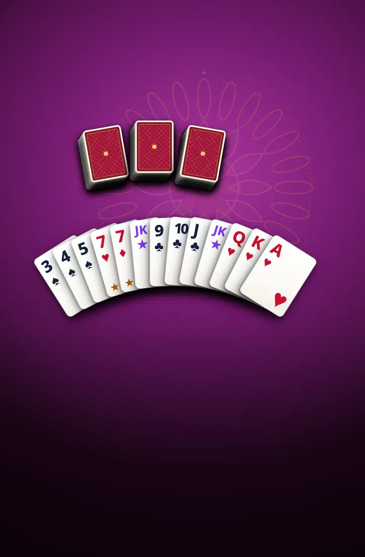 21 Card Rummy table art: cards on lit felt in this game's colours
