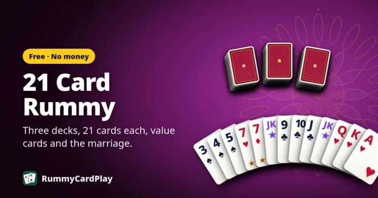 21 Card Rummy: three stacked decks and a wide fan of cards with wild sevens and two printed jokers on plum felt