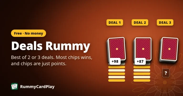 Deals Rummy: three face-down card piles marked Deal 1, Deal 2 and Deal 3 with stacked score bars on terracotta felt