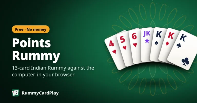 Points Rummy: a fanned hand with a pure heart sequence, a printed joker and three kings under a spotlight on green felt