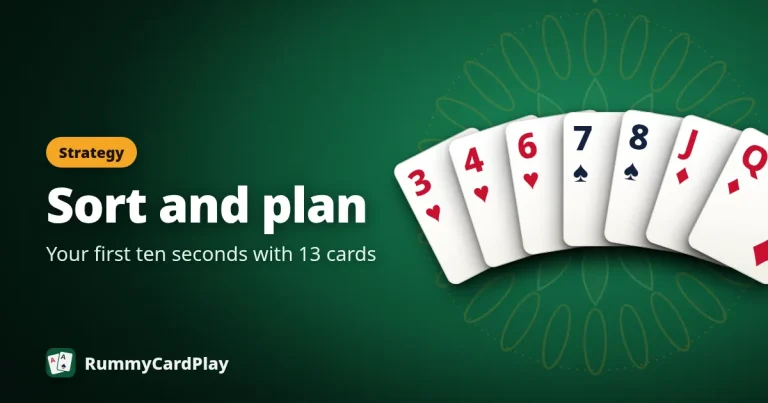 A rummy hand sorted by suit: hearts, spades and diamonds in rank order