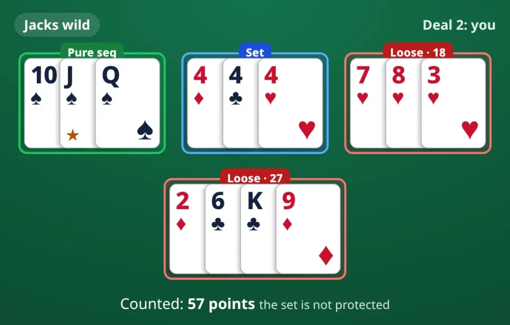 Deals Rummy, deal 2, your cards: Jacks wild. pure sequence 10♠ J♠ Q♠; set 4♦ 4♣ 4♥; loose cards 7♥ 8♥ 3♥; loose cards 2♦ 6♣ K♣ 9♦. Counted 57 points.
