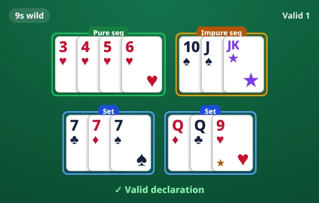 9s wild. pure sequence 3♥ 4♥ 5♥ 6♥; impure sequence 10♠ J♠ printed joker; set 7♣ 7♦ 7♠; set Q♦ Q♣ 9♥. Valid declaration.