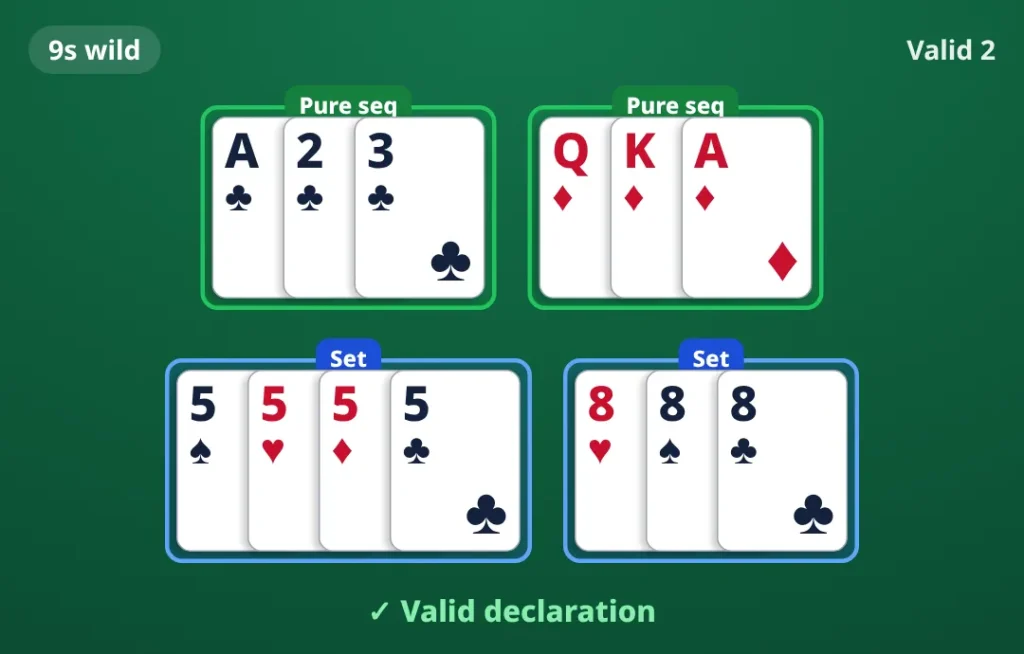 9s wild. pure sequence A♣ 2♣ 3♣; pure sequence Q♦ K♦ A♦; set 5♠ 5♥ 5♦ 5♣; set 8♥ 8♠ 8♣. Valid declaration.
