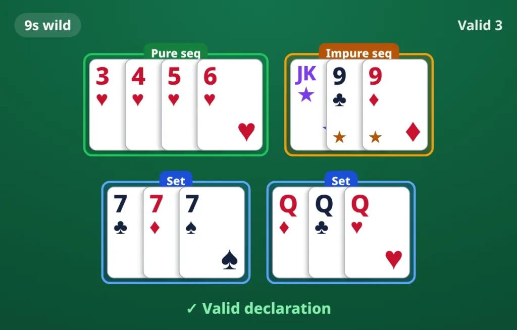 9s wild. pure sequence 3♥ 4♥ 5♥ 6♥; impure sequence printed joker 9♣ 9♦; set 7♣ 7♦ 7♠; set Q♦ Q♣ Q♥. Valid declaration.