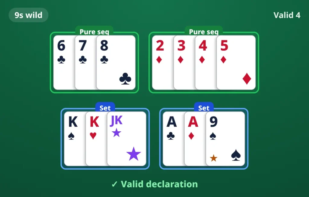 9s wild. pure sequence 6♣ 7♣ 8♣; pure sequence 2♦ 3♦ 4♦ 5♦; set K♠ K♥ printed joker; set A♣ A♦ 9♠. Valid declaration.
