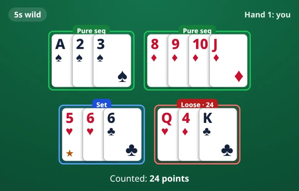 Pool Rummy 101, hand 1, your cards: 5s wild. pure sequence A♠ 2♠ 3♠; pure sequence 8♦ 9♦ 10♦ J♦; set 5♥ 6♥ 6♣; loose cards Q♥ 4♦ K♣. Counted 24 points.